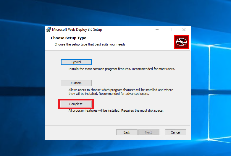 Web Deploy Installation Setup Type page with Complete option highlighted
