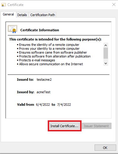 Windows Certificate dialog showing certificate details with Install Certificate button highlighted