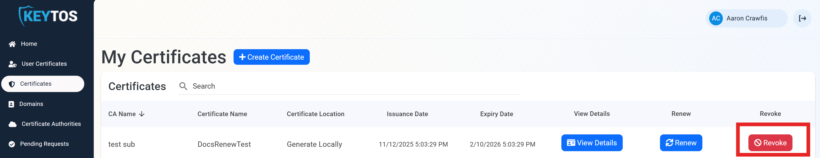 Revoke button for a certificate in EZCA