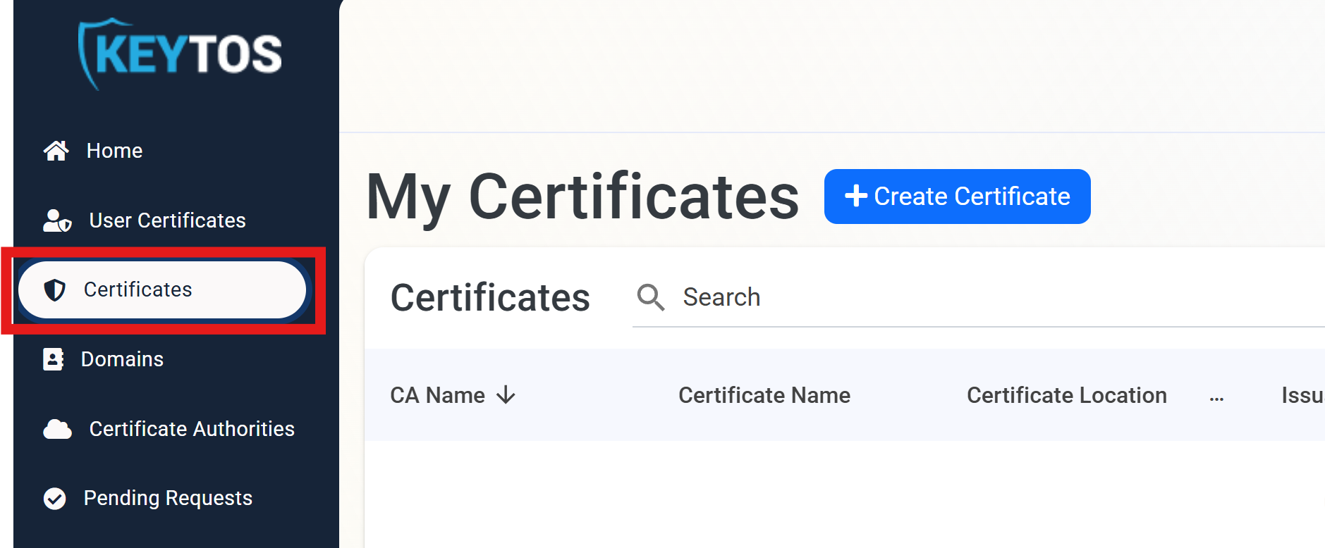 Certificates management page within the EZCA portal
