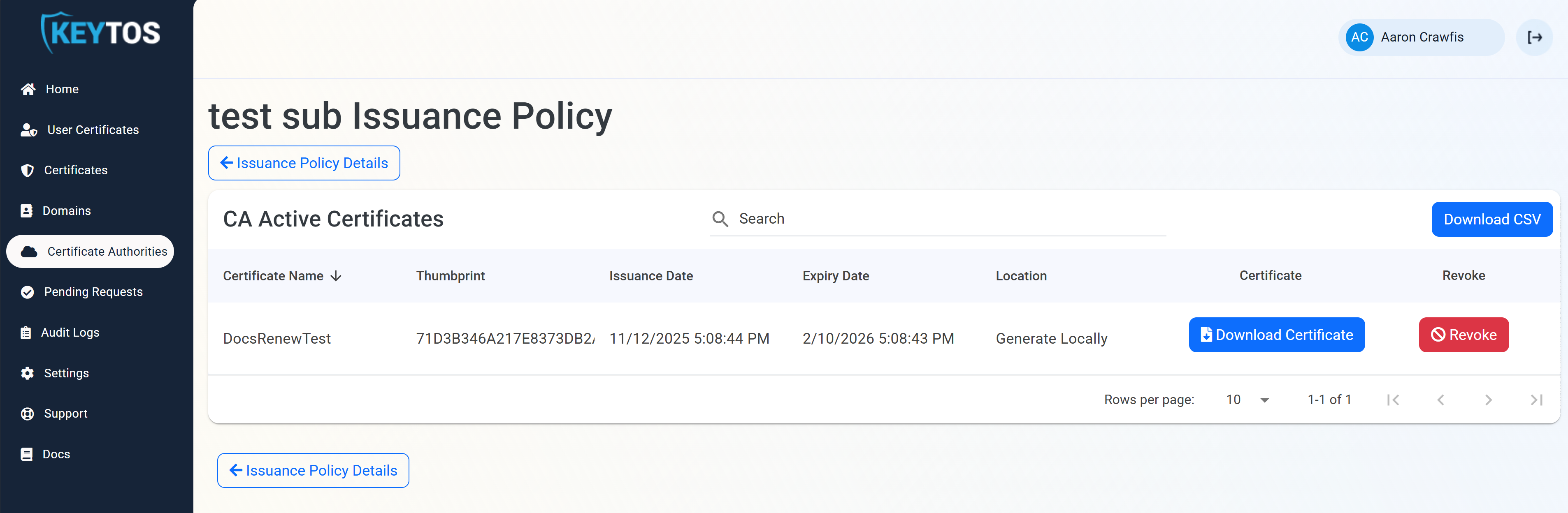 List of certificates issued by a Certificate Authority in EZCA portal