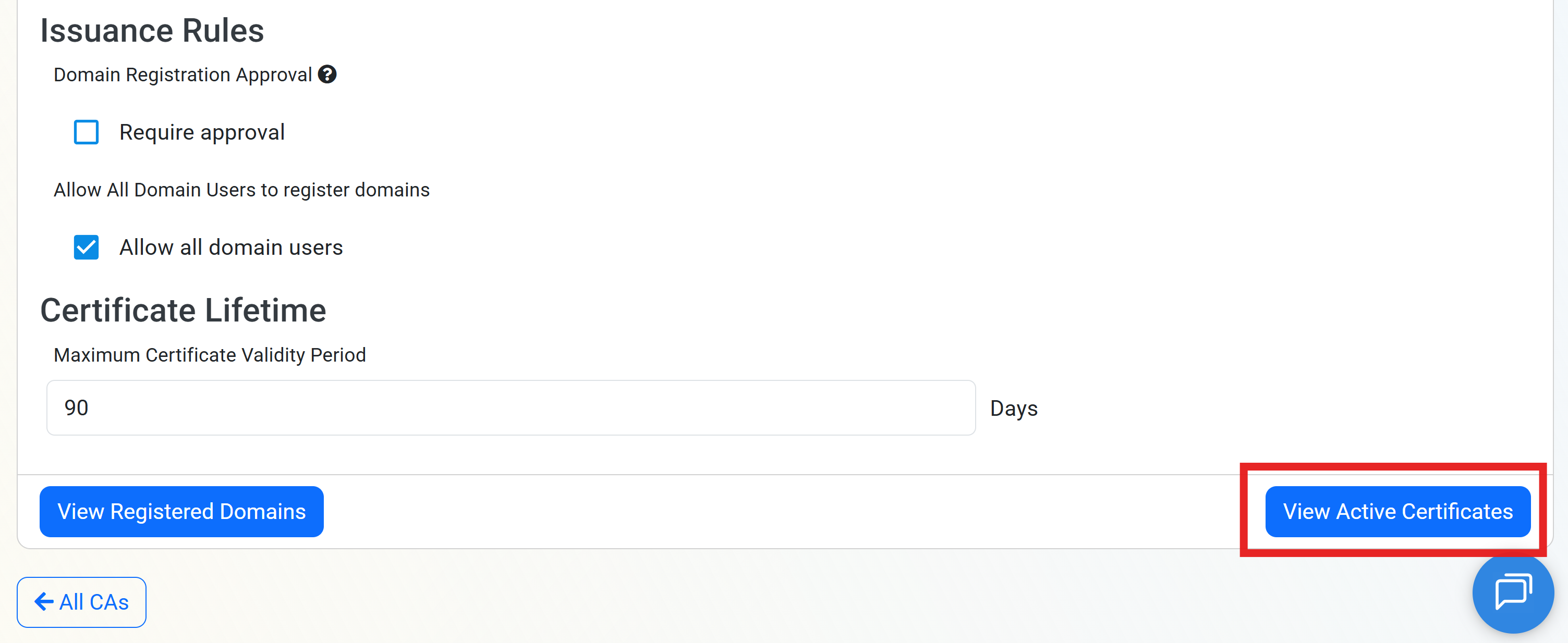 View Active Certificates option for a Certificate Authority in EZCA portal