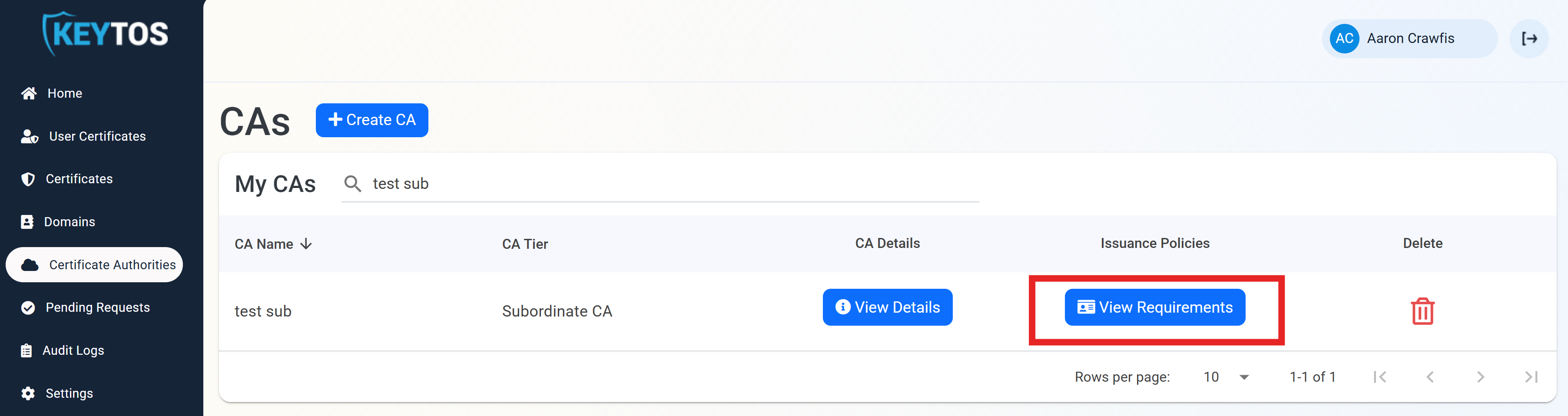 View Requirements option for a Certificate Authority in EZCA portal