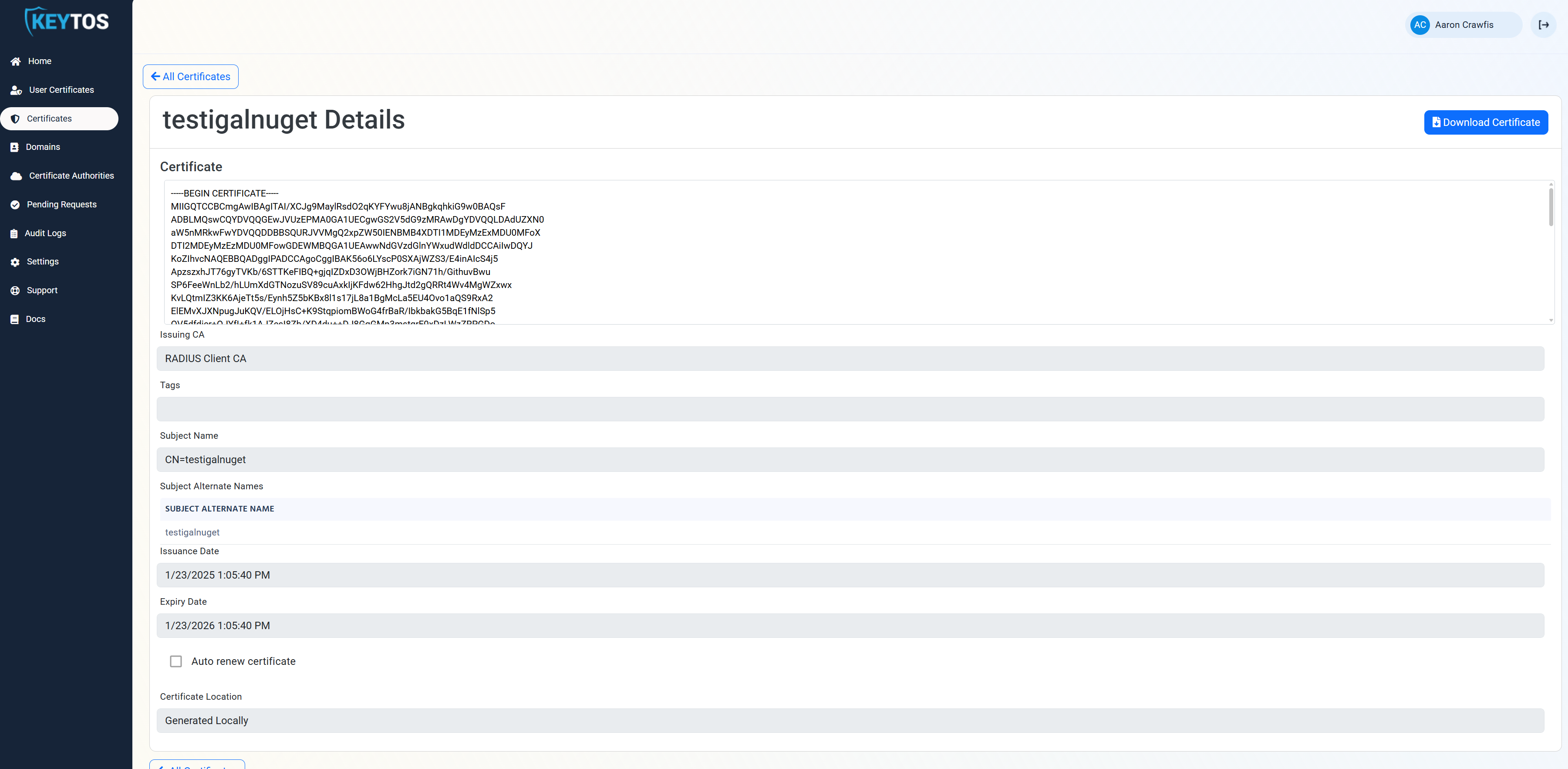 Download certificate options in EZCA portal