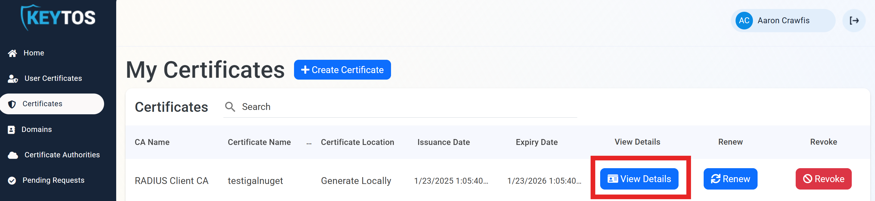 Certificate details view in EZCA portal
