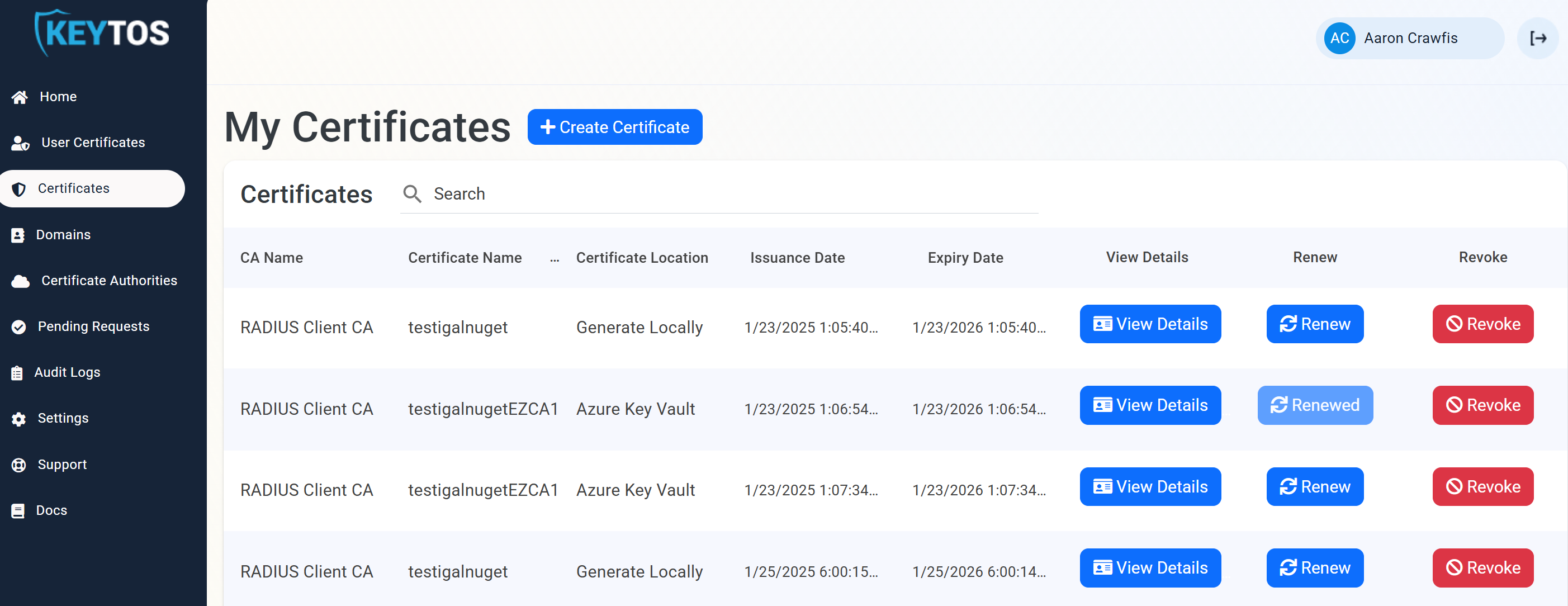 List of issued certificates in EZCA portal