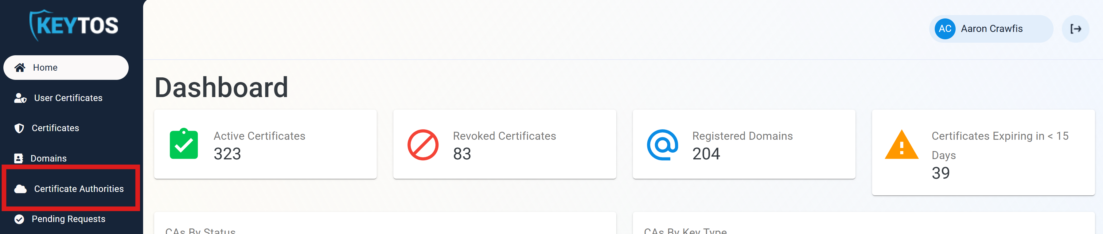 Certificate Authorities management page within the EZCA portal