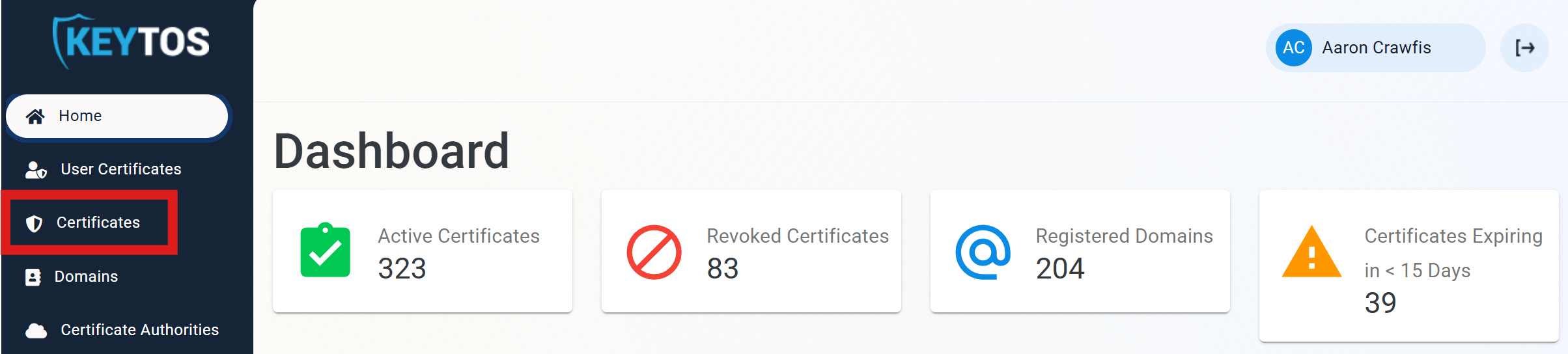 Certificates management page within the EZCA portal