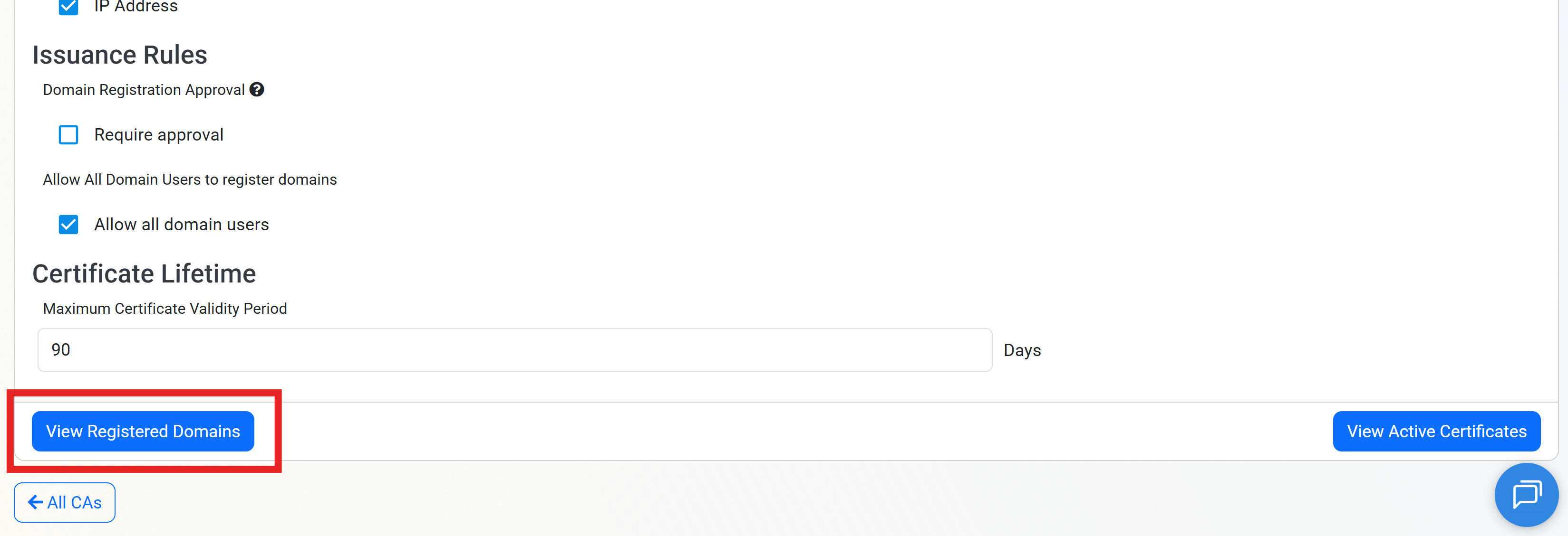 View Registered Domains option for a Certificate Authority in EZCA portal