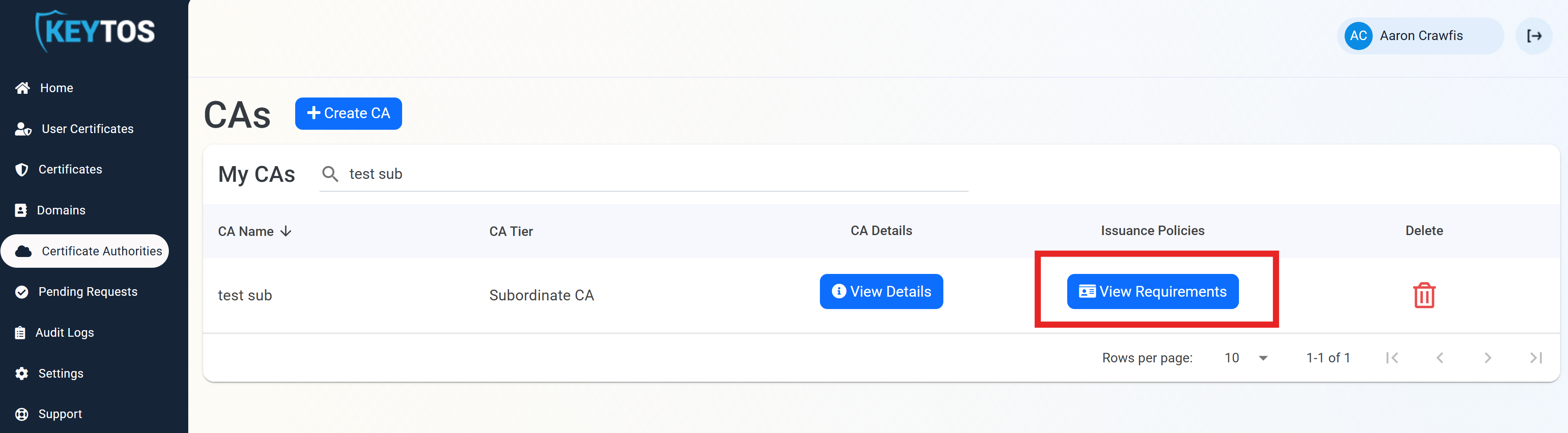 View Requirements option for a Certificate Authority in EZCA portal