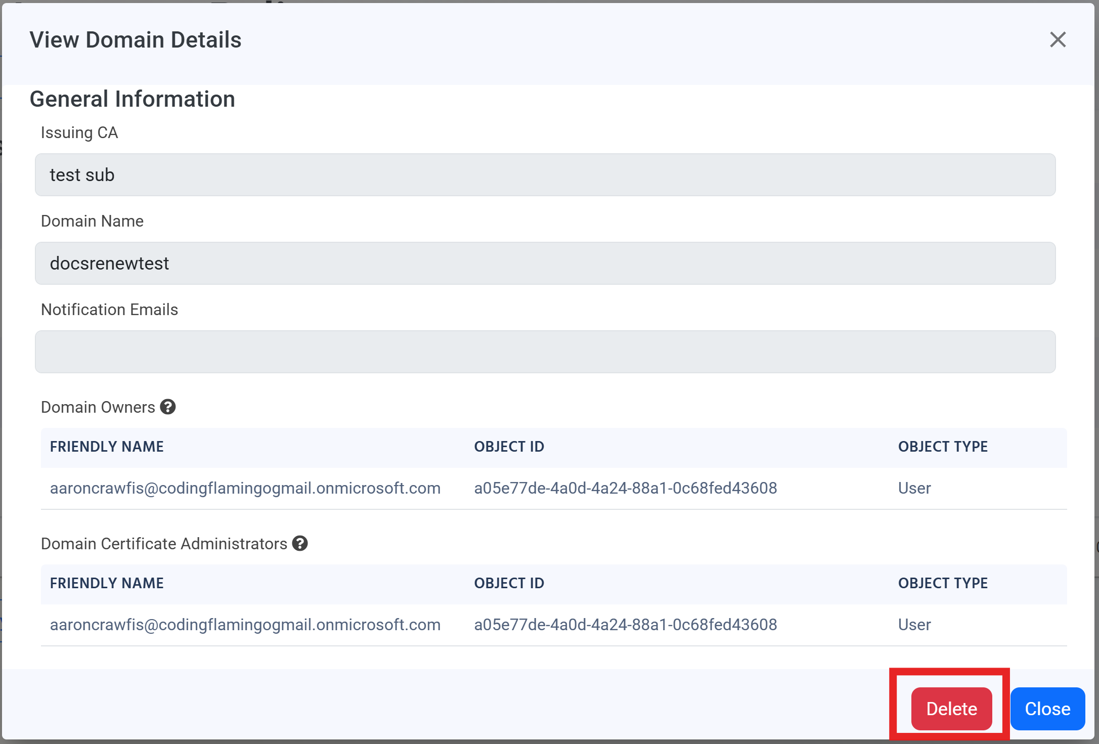 Delete domain button in EZCA portal