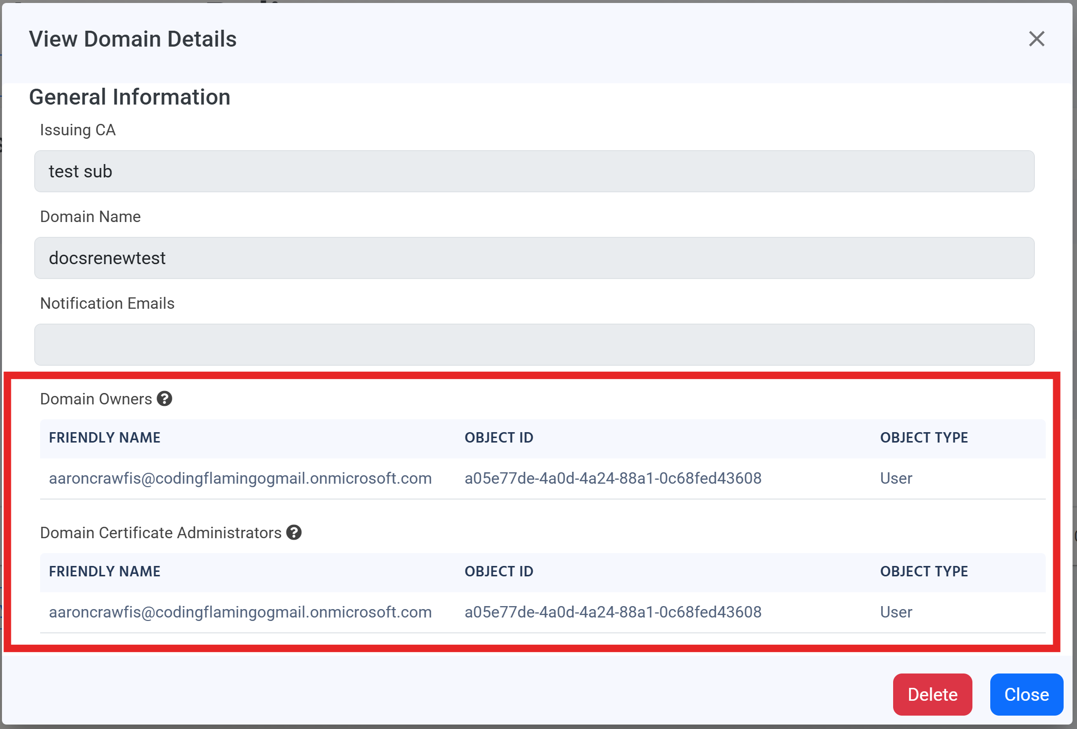 List of domain owners in EZCA portal