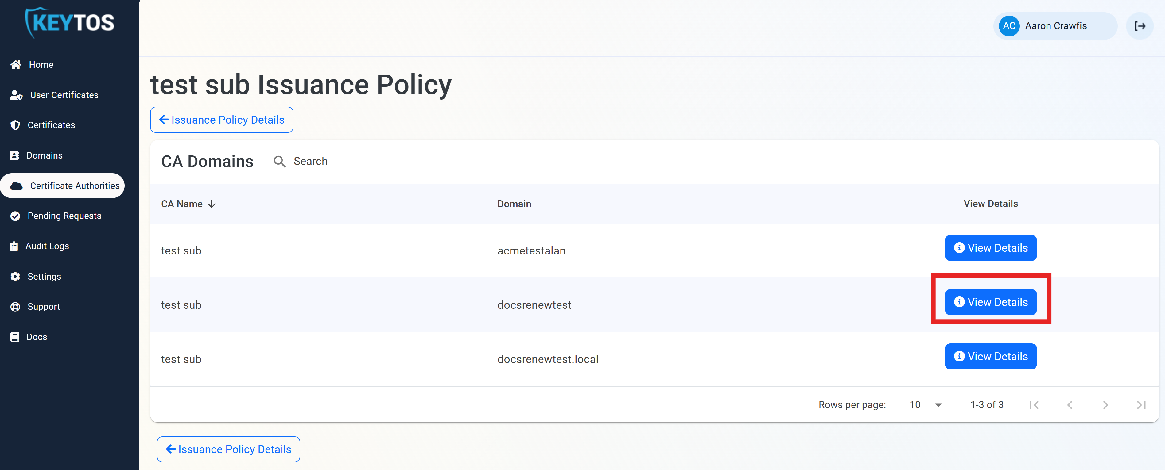 Orphaned domain details view in EZCA portal
