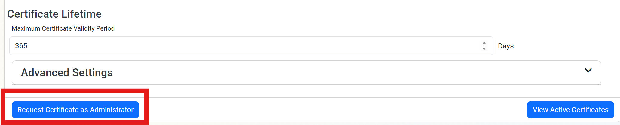 EZCA Cloud PKI CA Details page showing Request Certificate as Administrator button highlighted