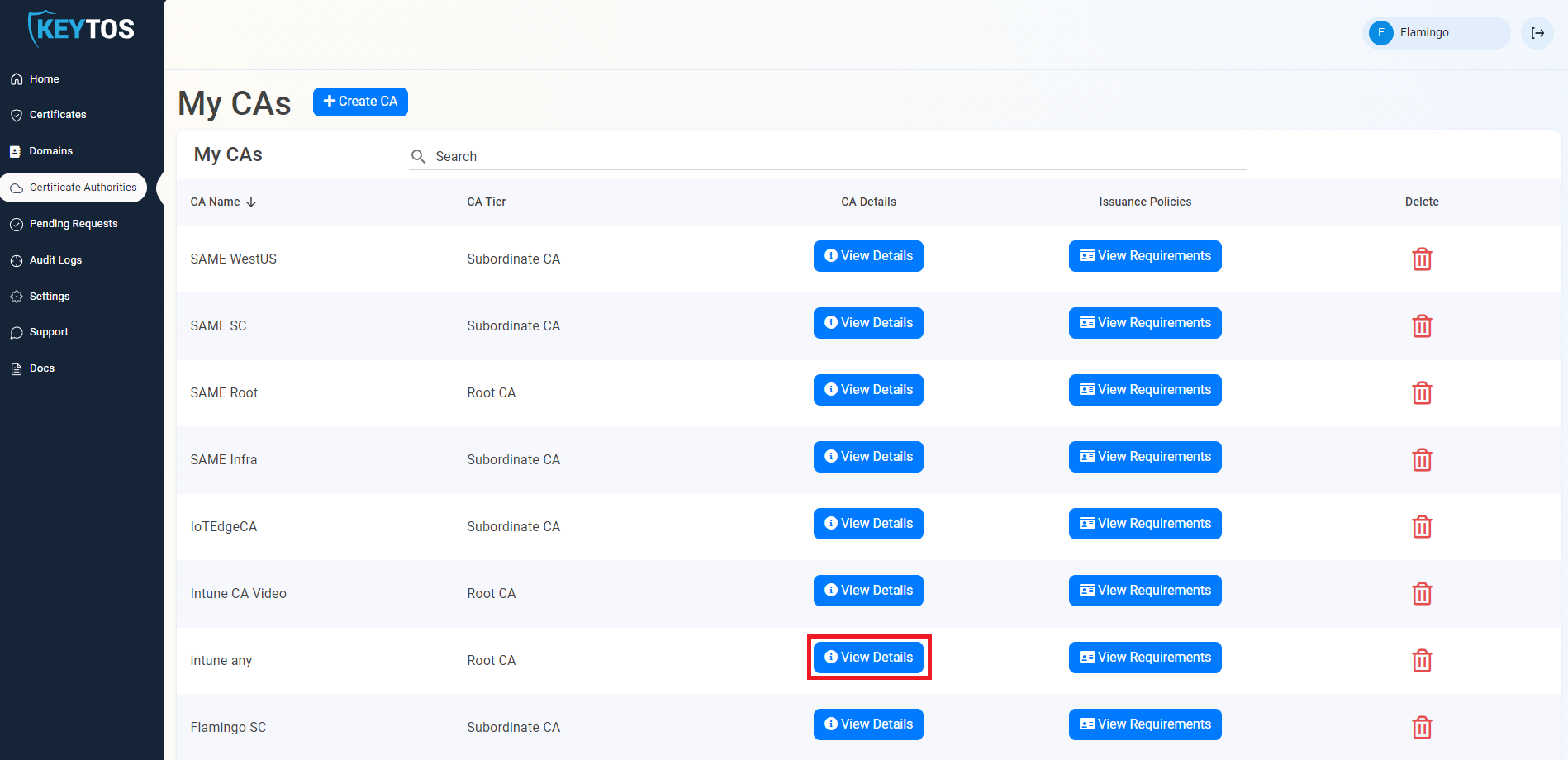EZCA Cloud PKI My CAs list showing multiple certificate authorities with View Details button highlighted