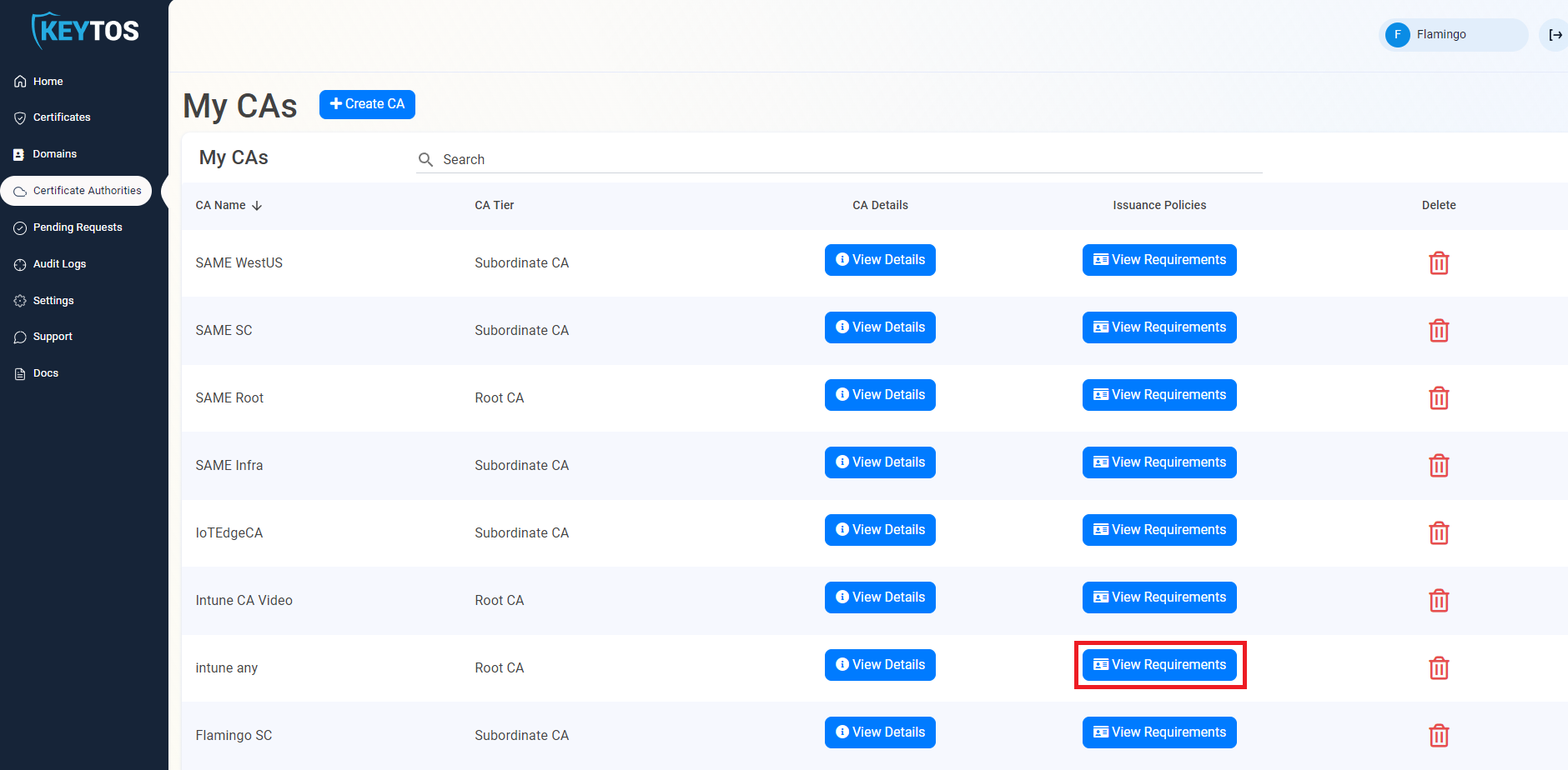 EZCA Cloud PKI My CAs list showing multiple certificate authorities with View Requirements button highlighted