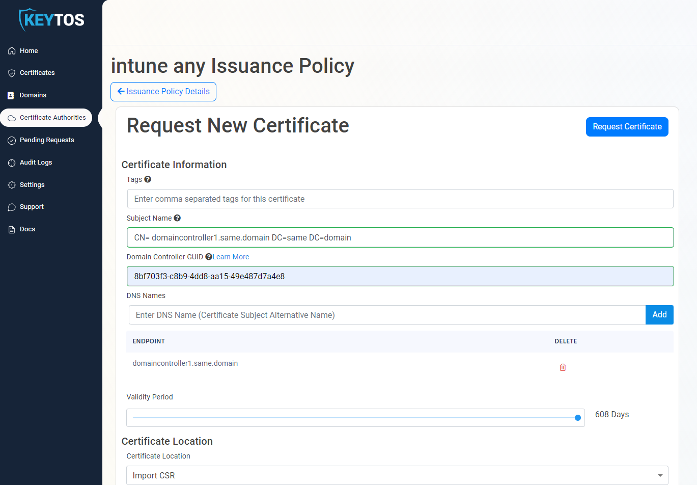 EZCA Cloud PKI Request New Certificate form for domain controller showing subject name and SAN fields with Request Certificate button