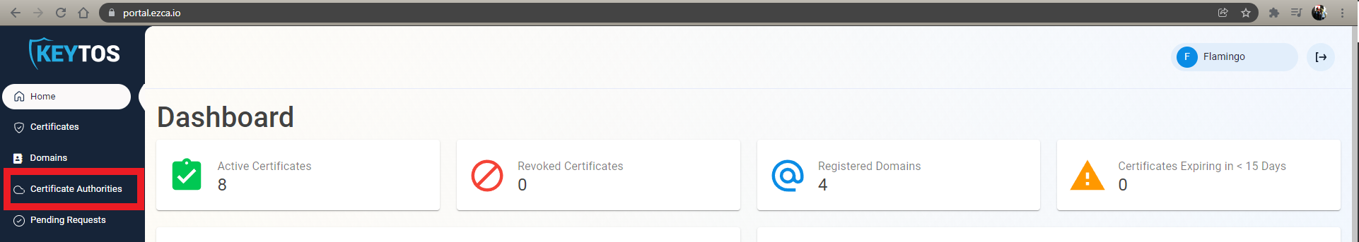 EZCA Cloud PKI Dashboard showing Certificate Authorities menu item highlighted in the left sidebar