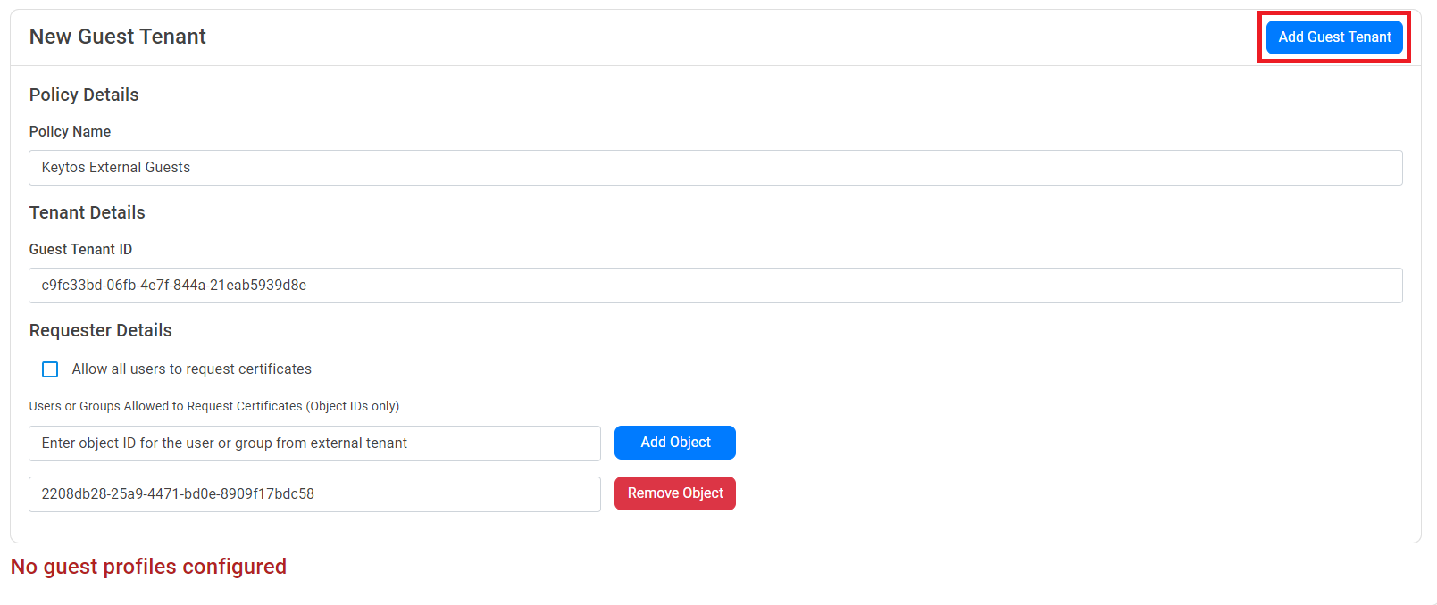 EZCA Cloud PKI Self-Service Certificate Issuance form showing Guest Tenant added to the policy
