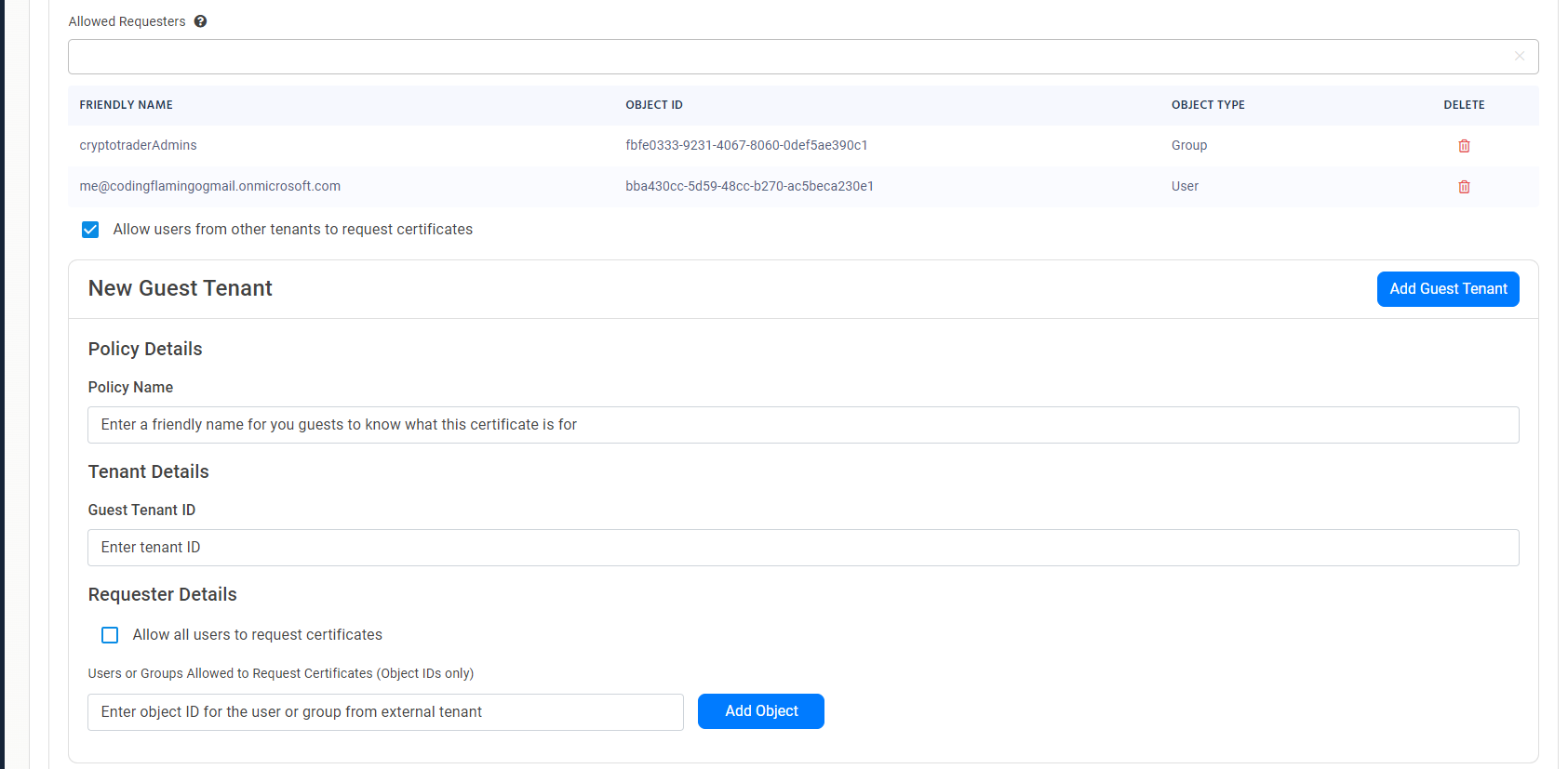 EZCA Cloud PKI Self-Service Certificate Issuance form showing Allow users from other tenants to request certificates option and New Guest Tenant Card
