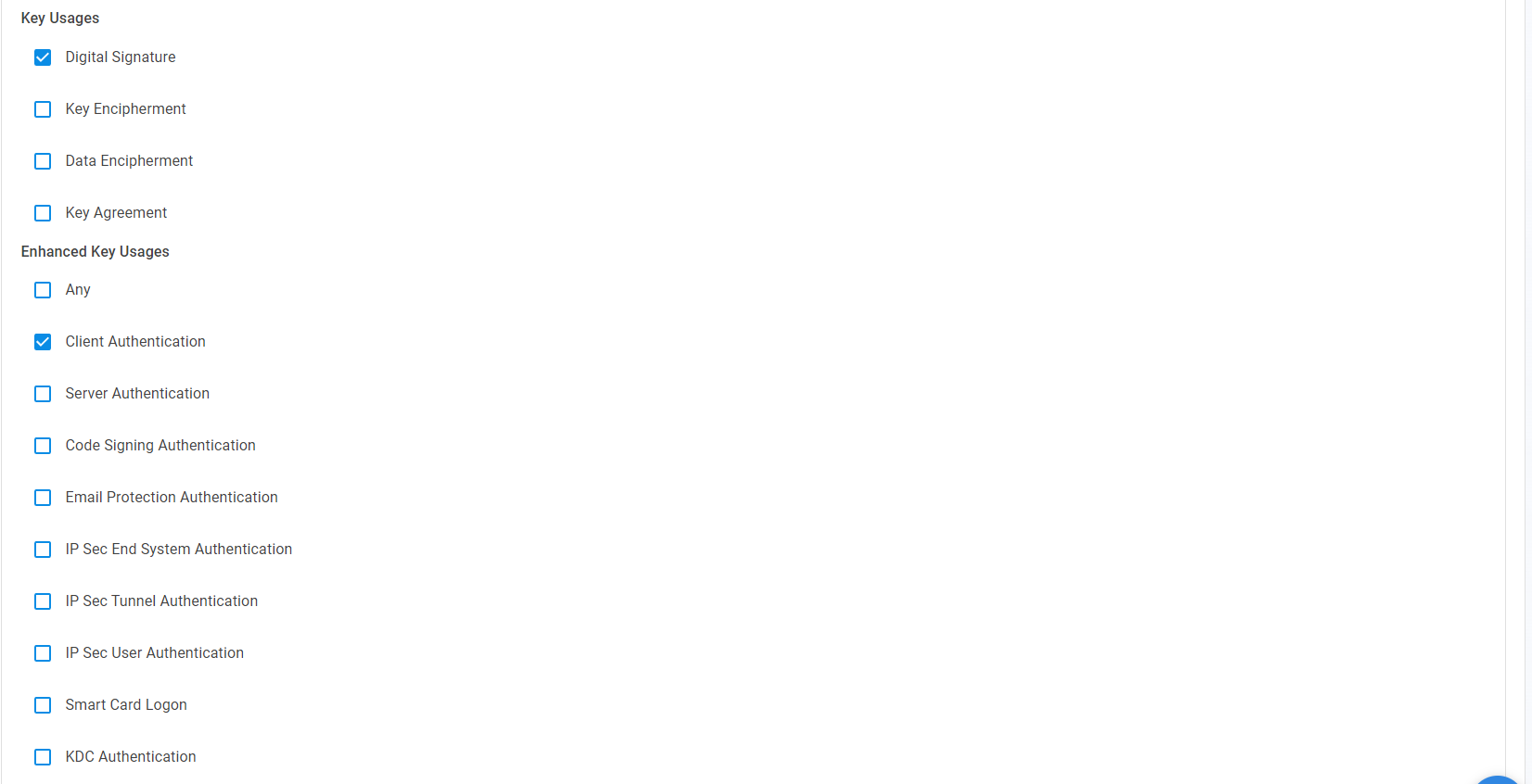 EZCA Cloud PKI New User Issuance Profile showing Extended Key Usage with Client Authentication selected