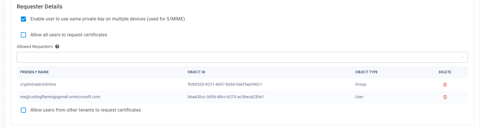 EZCA Cloud PKI New User Issuance Profile showing Allowed Requesters section with groups and users added to limit who can create certificates with this policy