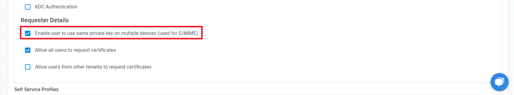 EZCA Cloud PKI New User Issuance Profile showing Enable S/MIME private key sharing option checked