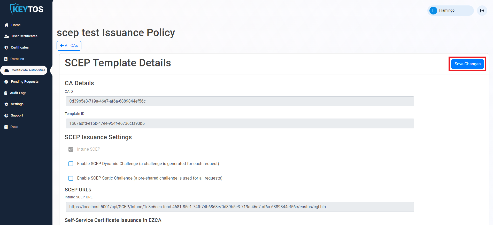 EZCA Cloud PKI Self-Service Certificate Issuance form showing Save Changes button highlighted
