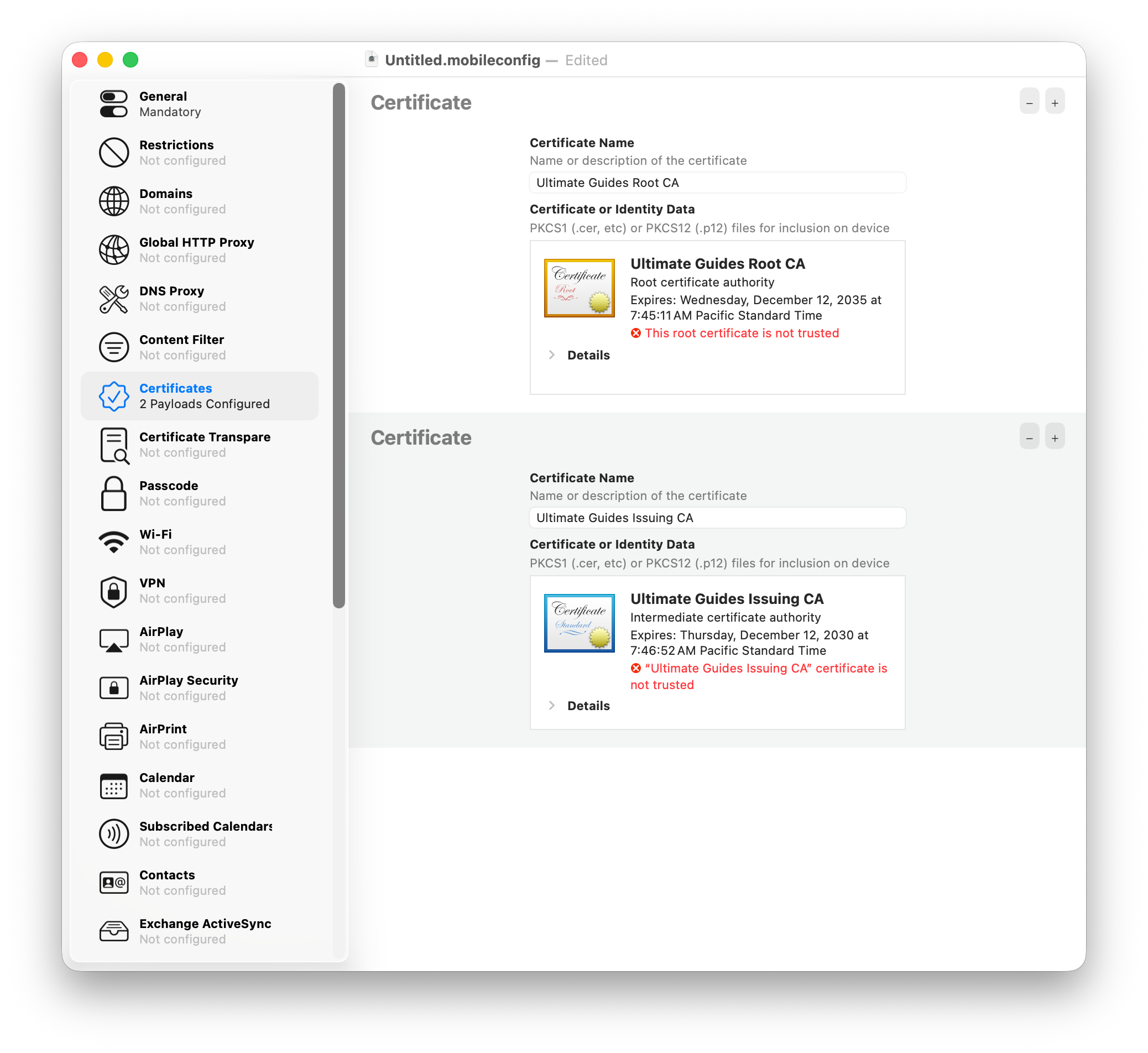 Apple Configurator Certificates Section for SCEP Profile