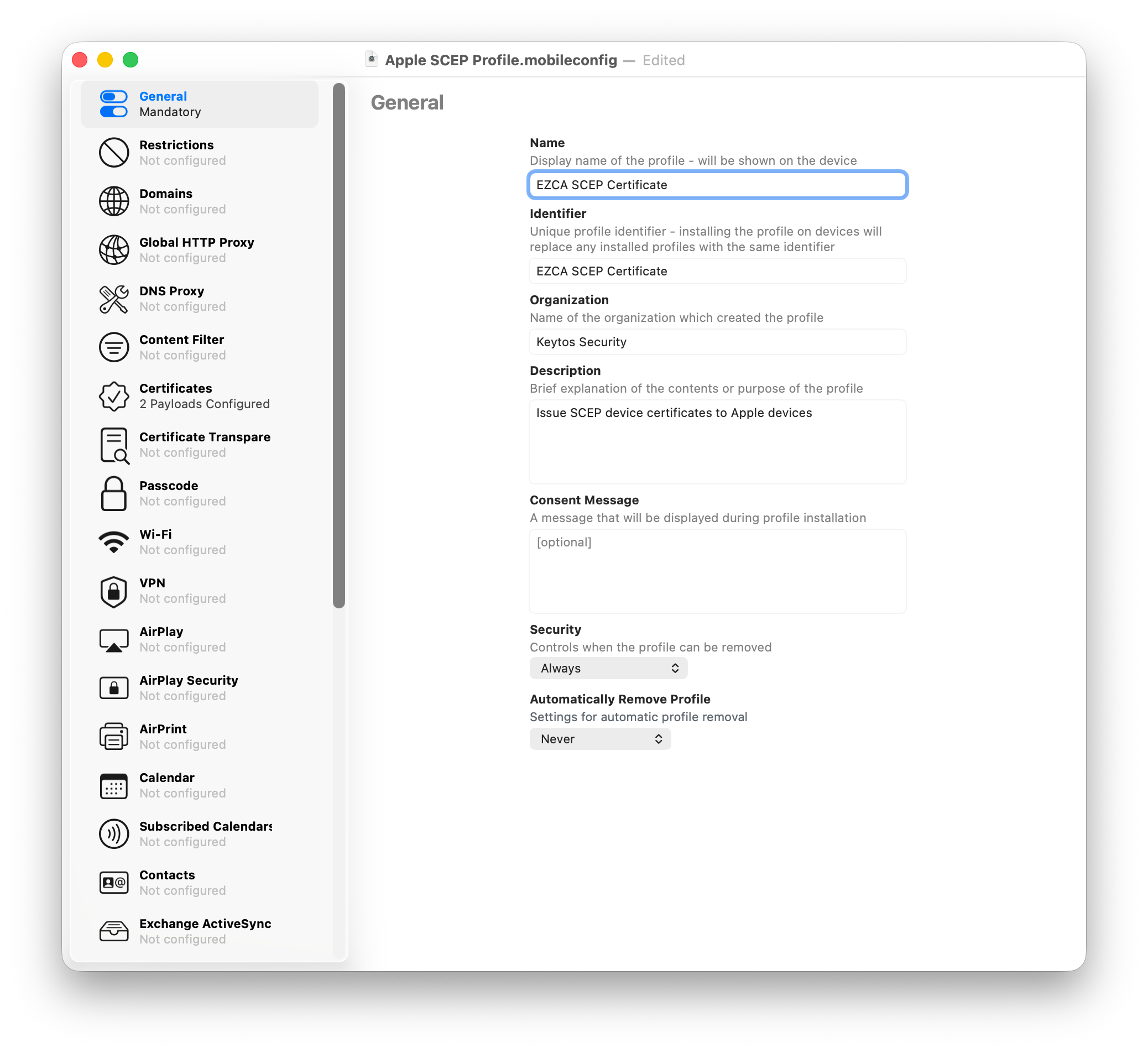 Apple Configurator General Section for SCEP Profile