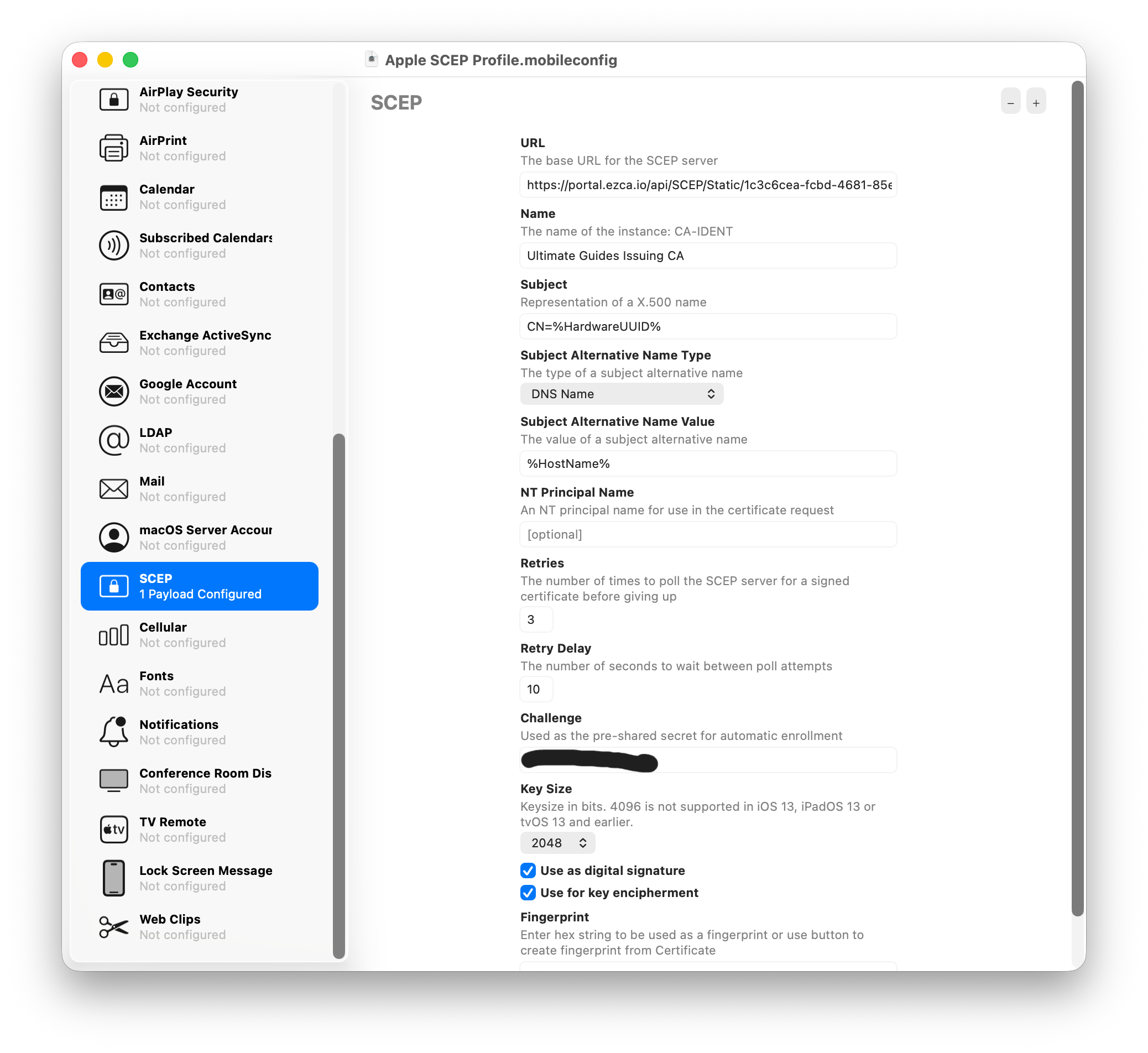 Apple Configurator SCEP Section for SCEP Profile