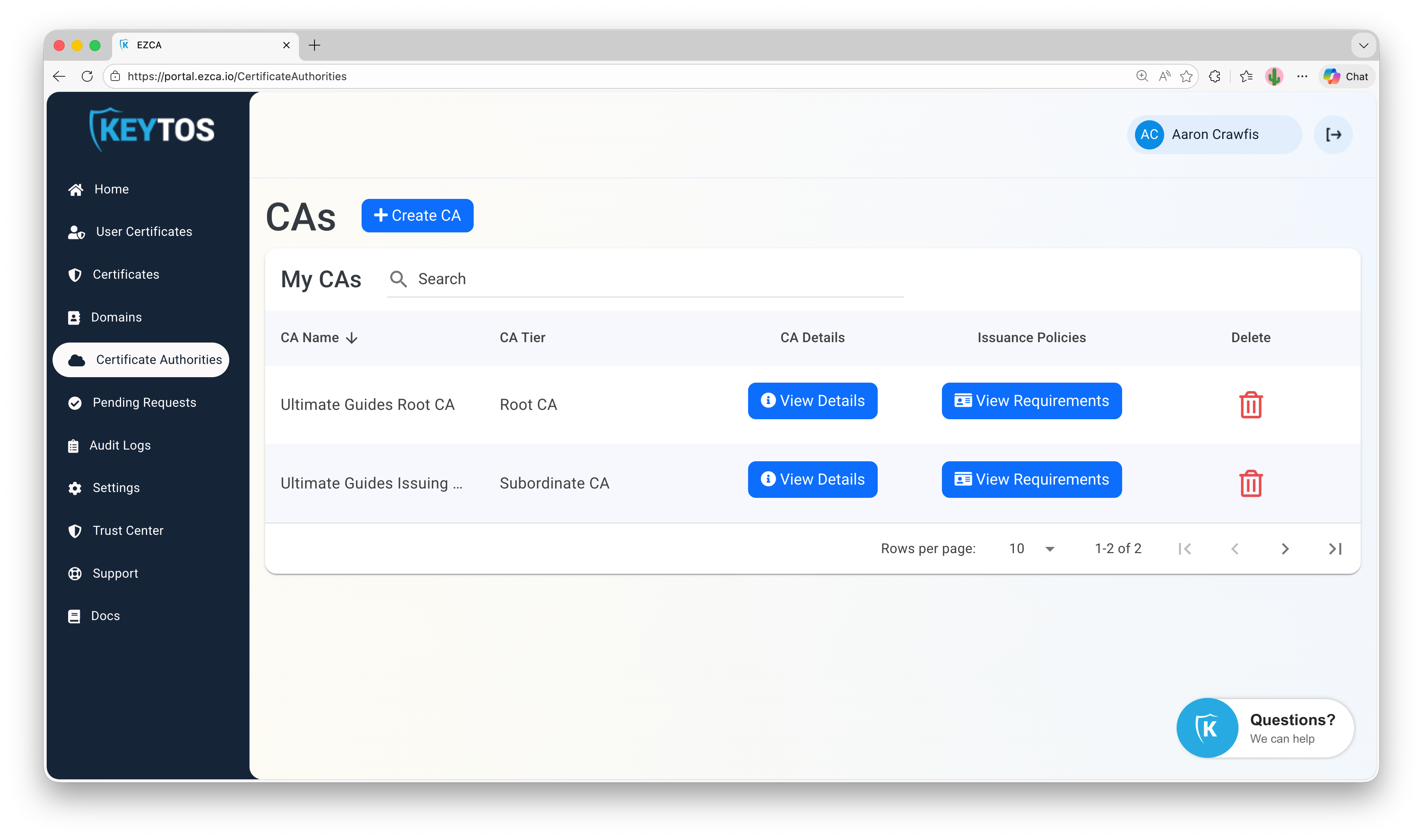 Certificate Authorities in EZCA Portal