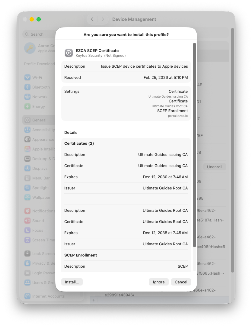 Profile Contents in macOS Settings