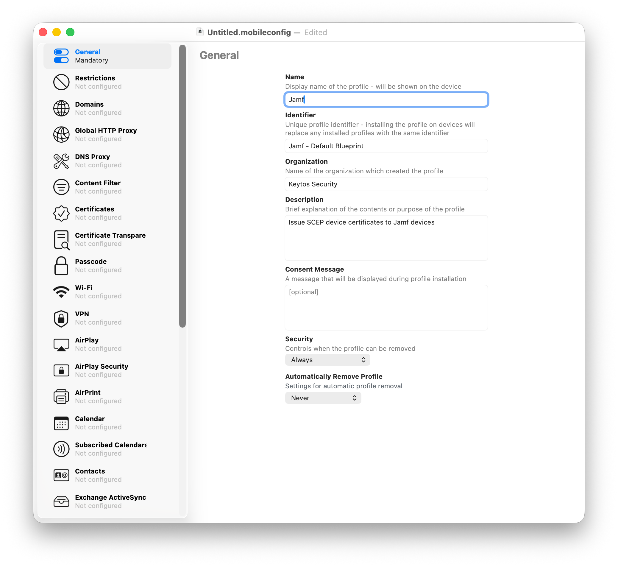 Apple Configurator General Section for SCEP Profile
