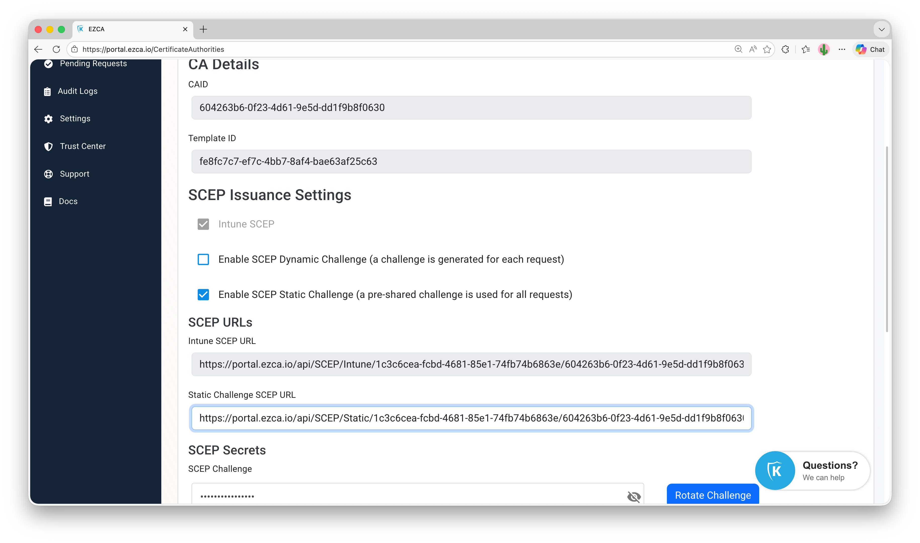 SCEP CA Static Challenge in EZCA Portal