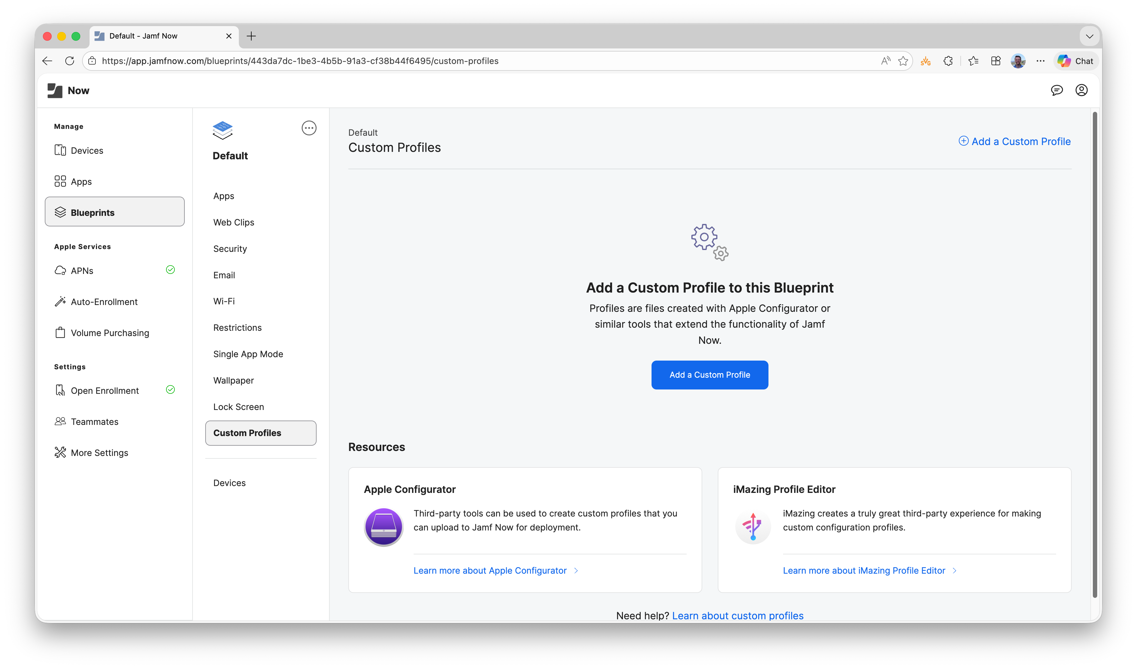 Jamf Now Custom Profiles Section