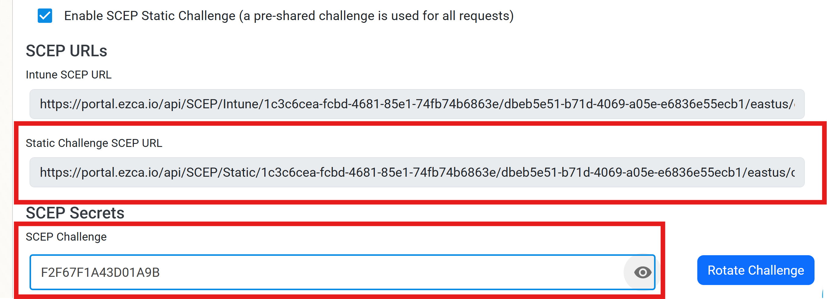 Static Challenge Enabled for SCEP CA