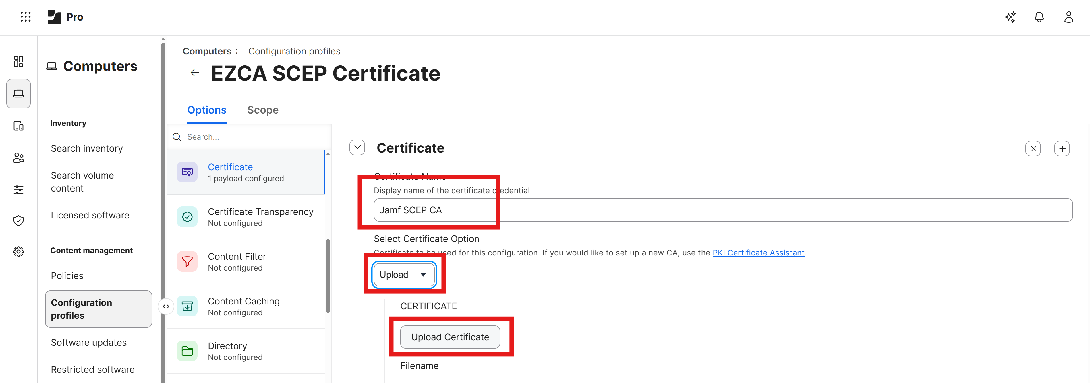 Upload CA Certificate to Jamf Pro Configuration Profile