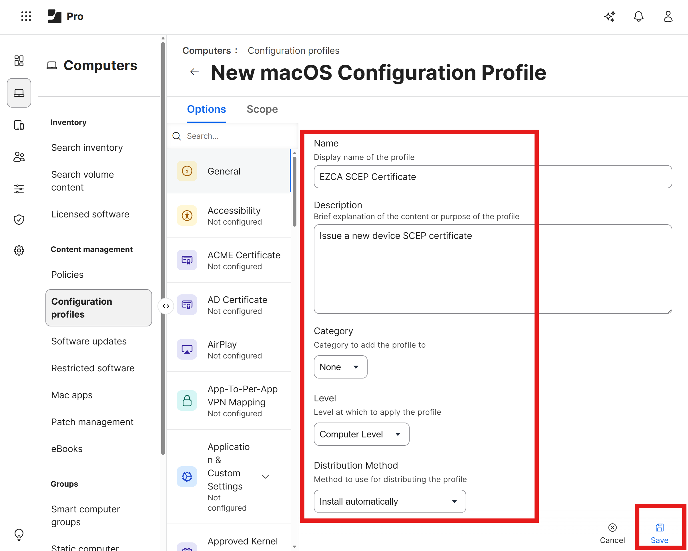 General Settings for Jamf Pro Configuration Profile