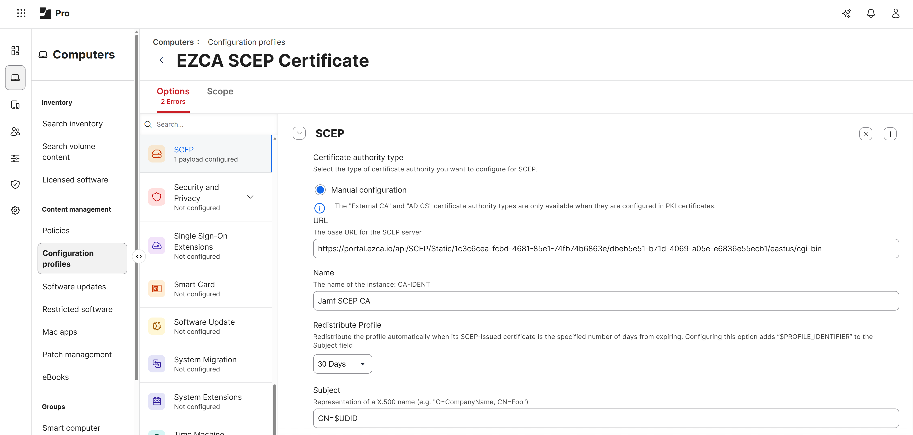 SCEP Settings in Jamf Pro Configuration Profile