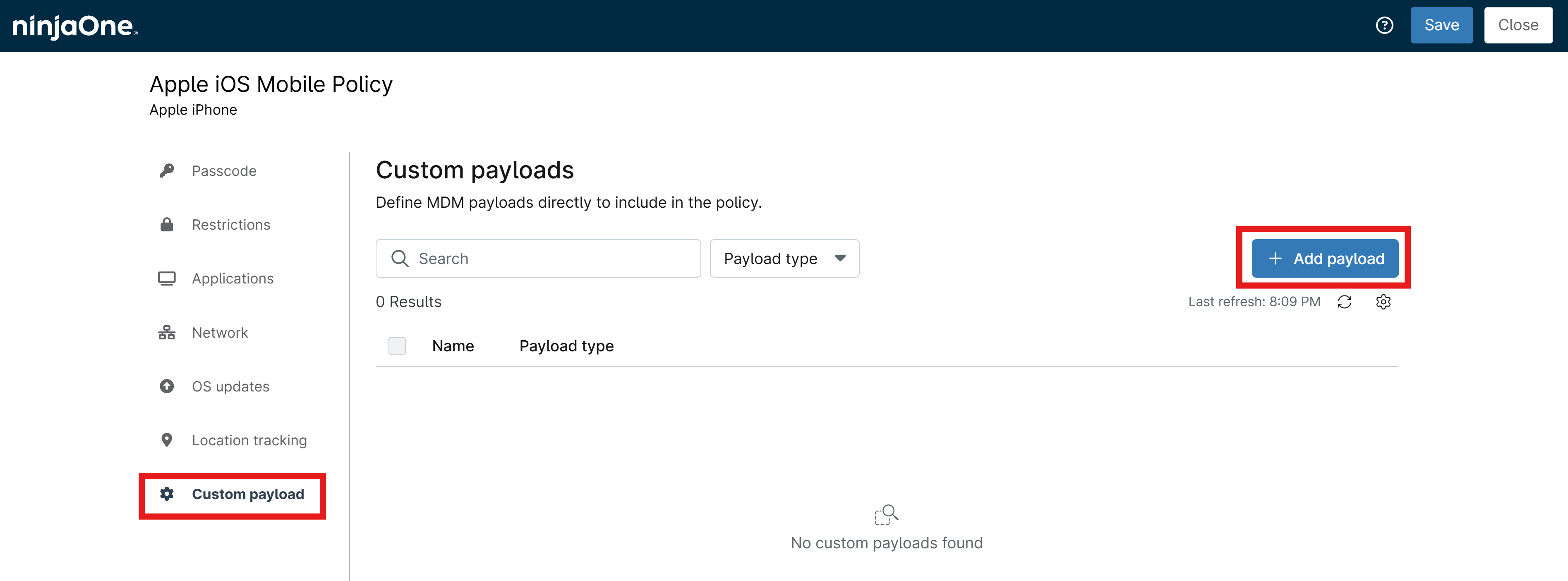 MDM Custom Payload in NinjaOne Agent Policy