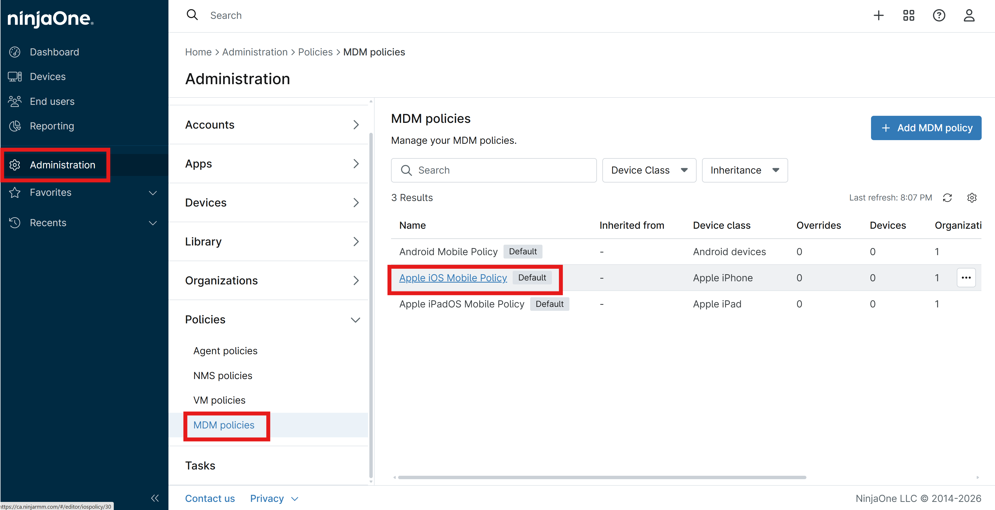 Edit iOS Agent Policy in NinjaOne