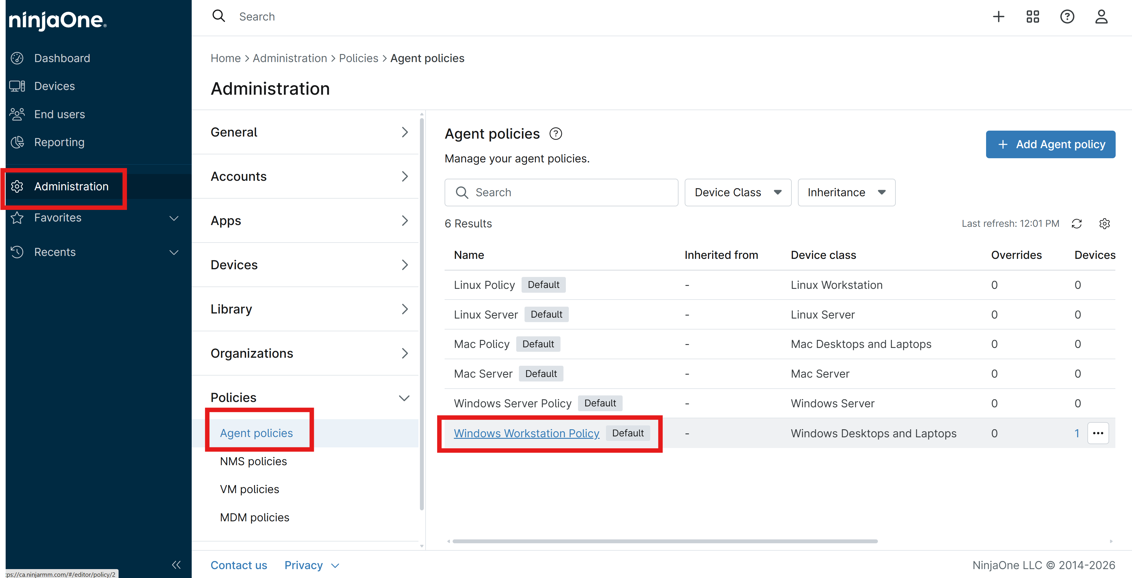 Edit Agent Policy in NinjaOne