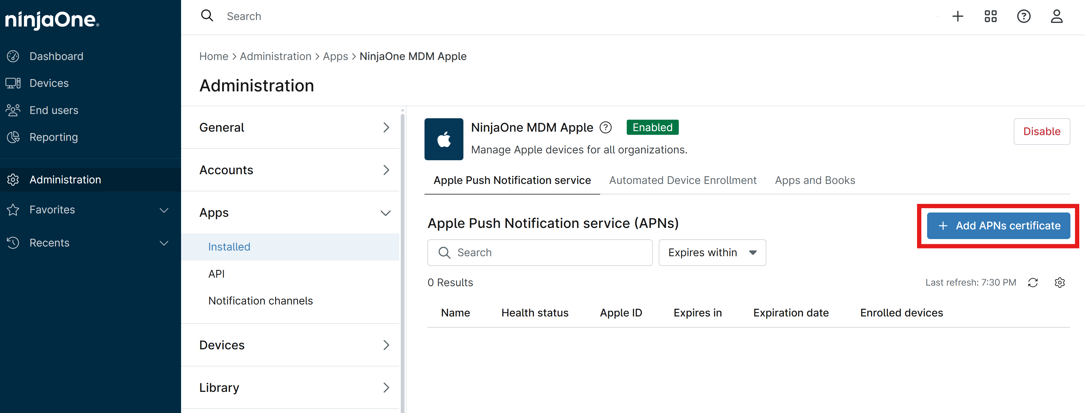 Add APNs Certificate for Apple MDM in NinjaOne