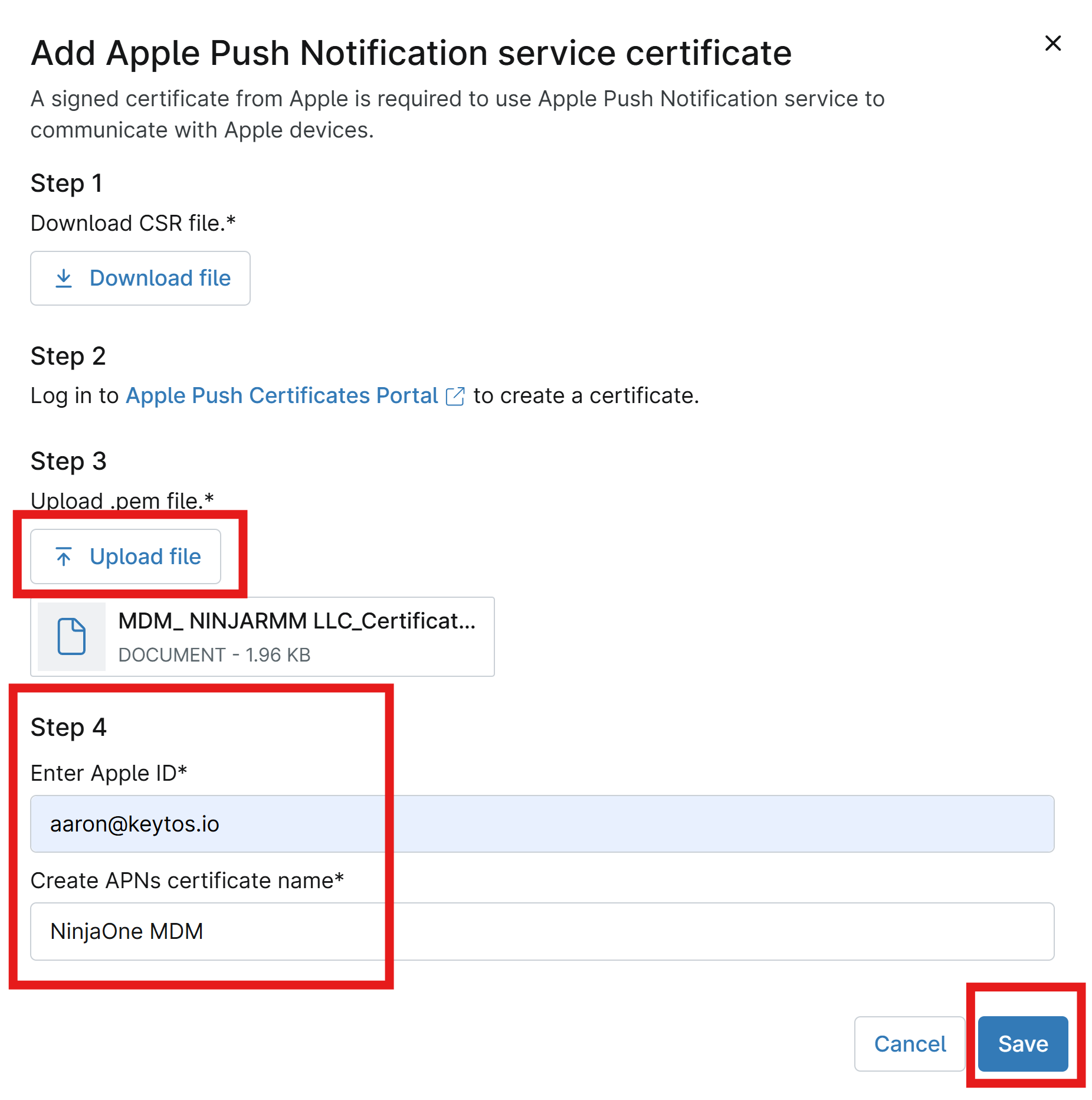 Upload APNs Certificate for Apple MDM in NinjaOne
