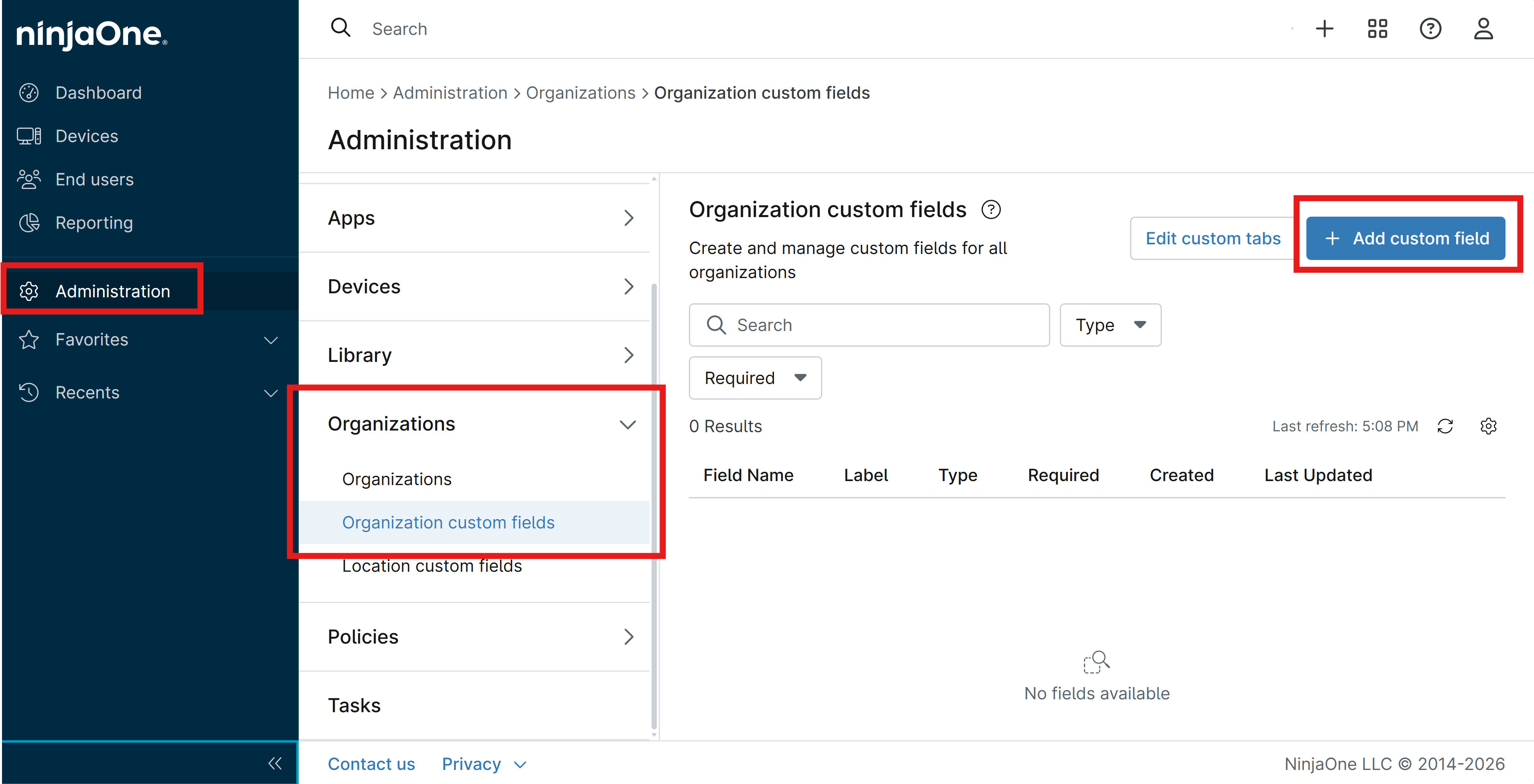 Organization Custom Fields page in NinjaOne