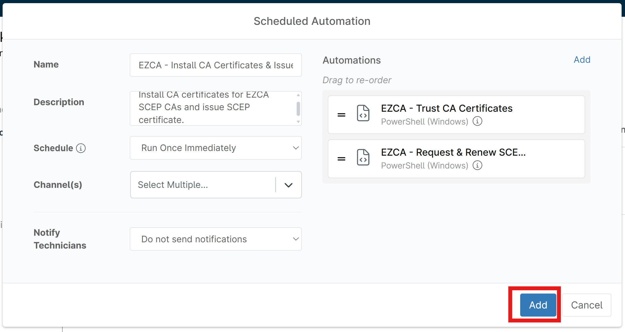 Request & Renew SCEP Certificate Scheduled Automation Added to NinjaOne Agent Policy