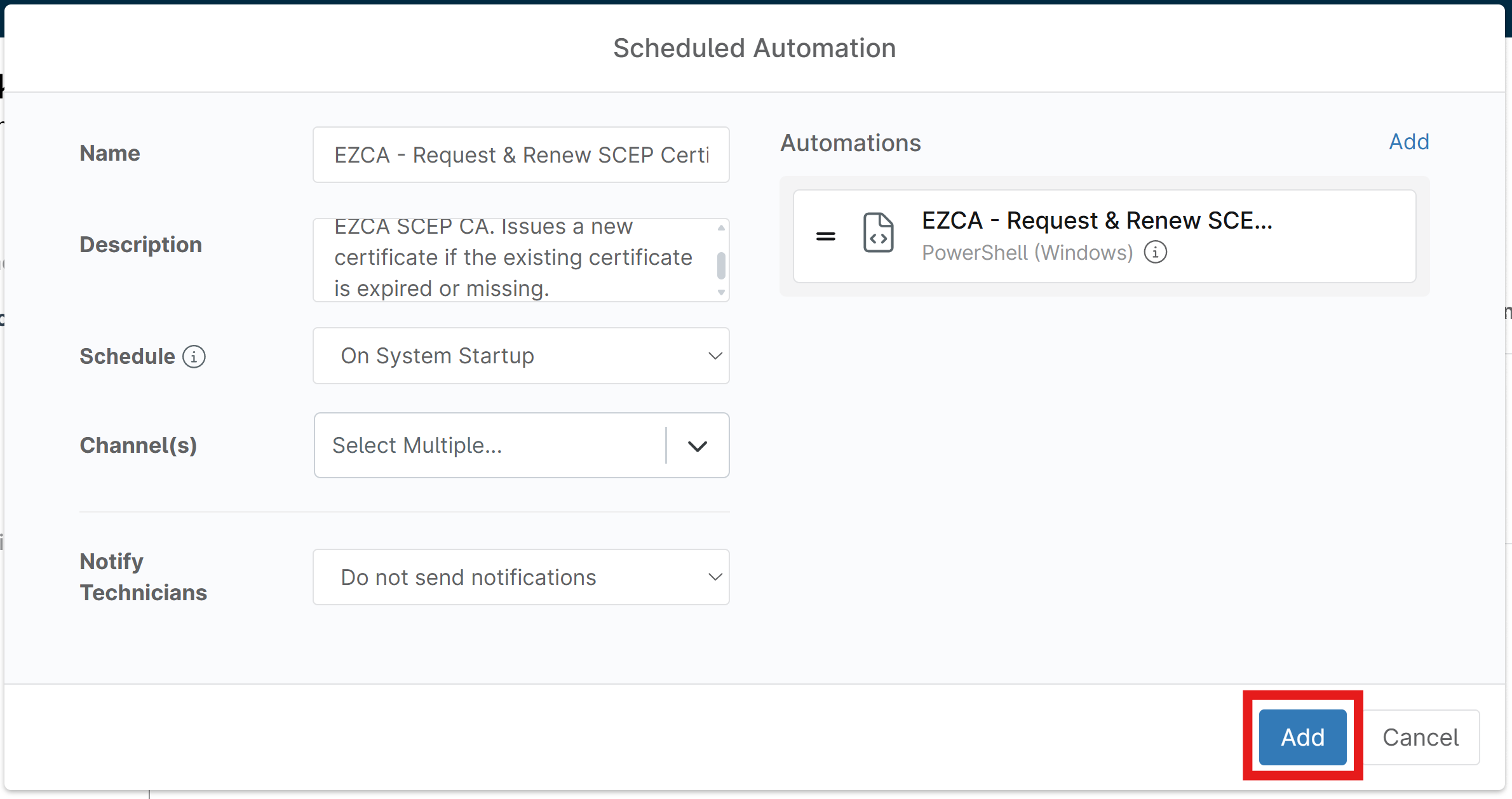 Request & Renew SCEP Certificate Scheduled Automation Added to NinjaOne Agent Policy