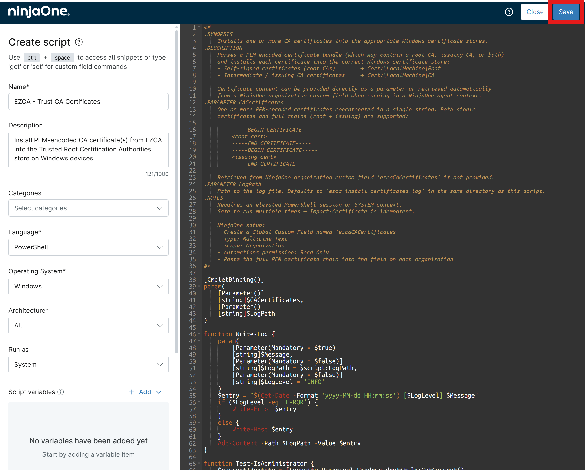 NinjaOne Script Editor with Install Certificates Script