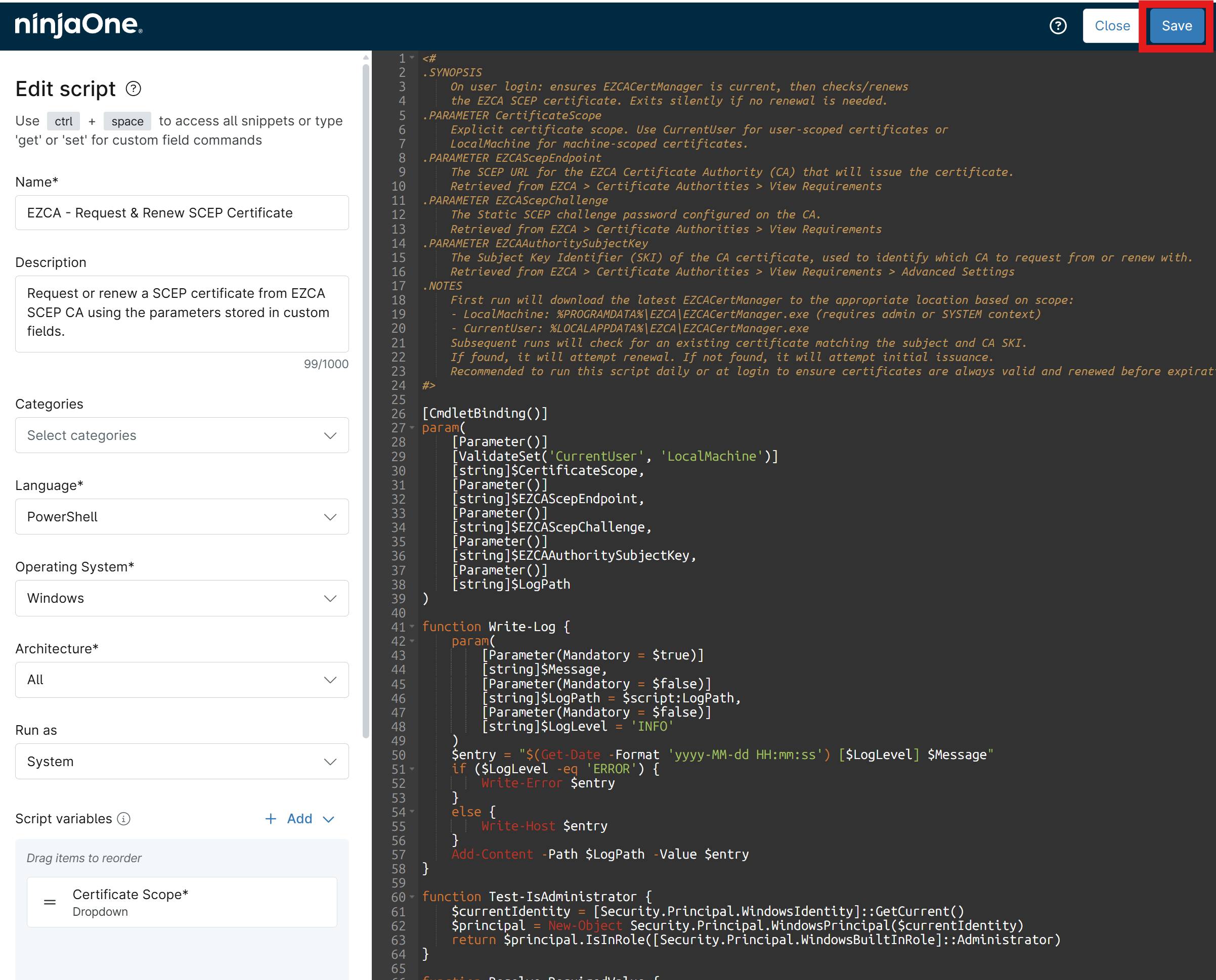 NinjaOne Script Editor with Install SCEP Script